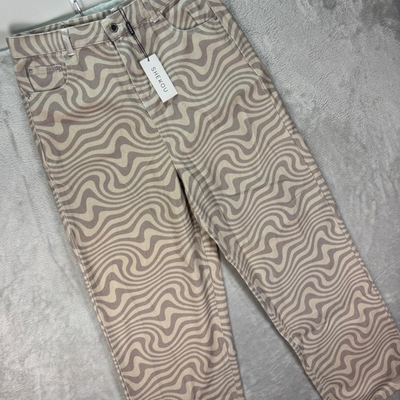 Shekou Women's Beige Wave Print High Rise Straight Leg Jeans Sz 2X Y2K NWT - Picture 1 of 11